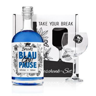 Breaks BLAUPAUSE Dry Gin - Geschenk Set - Ausgezeichneter Gin mit Lavendel & frischen Zitronen - Mild fruchtige Note - Handmade - 1 x 0,5 L + 1 x Glas