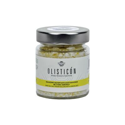 Natural sea salt of lesvos greece with lemon zest in jar