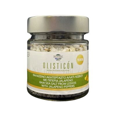 Natural sea salt of lesvos greece with jalapenos peppers