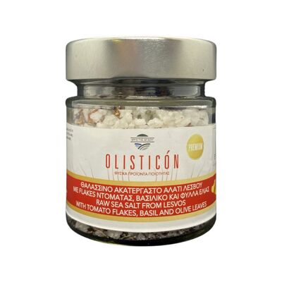 Natural sea salt of lesvos greece with tomato-basil-olives leafs