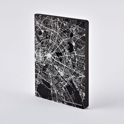 Nightflight Berlin - argent - feu L | carnet nuuna A5+ | Journal pointillé | Grille de points de 3,5 mm | 176 pages numérotées | Papier premium 120g | cuir noir argent | produit durablement en Allemagne