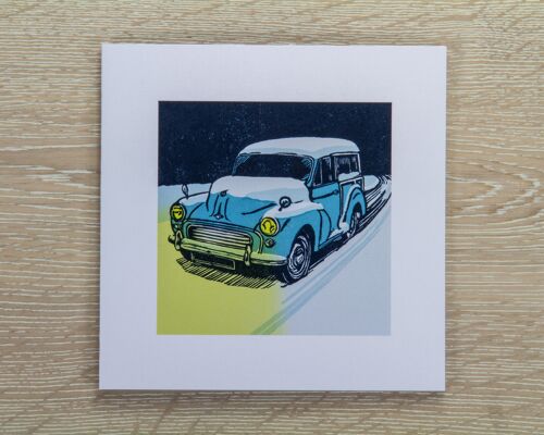 Morris Minor Traveller in Snow Greetings Card (IC-MMTravellerSnow)