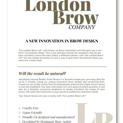 London Brow - Brow Lamination Marketing Leaflets and After Care