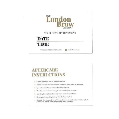 London Brow Client Brow Lamination Appointment Cards and Aftercare Cards x 50