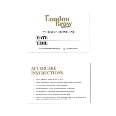 London Brow Client Brow Lamination Appointment Cards and Aftercare Cards x 50