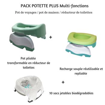 Pack 3 en 1 - Pot de voyages et réducteur de toilettes transformable en pot de maison - VERT CLAIR 2