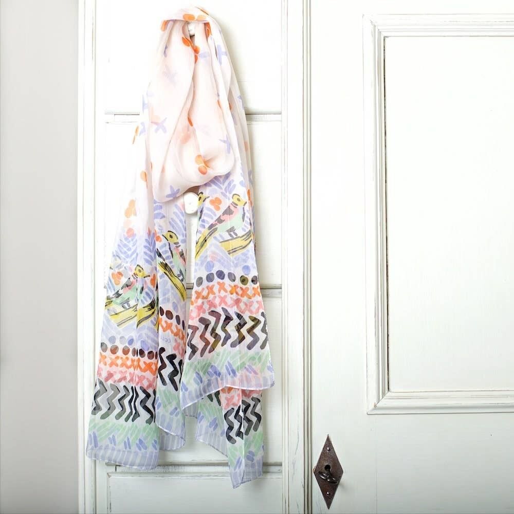 Langer Seidenchiffon-Schal mit Birdy-Bordüre