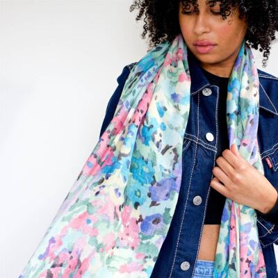 Floral Fantasy Blues Wool Scarf