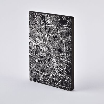 Vol de nuit Paris - Lumière L | carnet nuuna A5+ | Journal pointillé | 3.Grille de points de 5 mm | 176 pages numérotées | Papier premium 120g | cuir noir argent | produit de manière durable en Allemagne