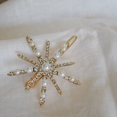 Aurore Golden Star Hair Clip Pearly Pearls and Silver Strass