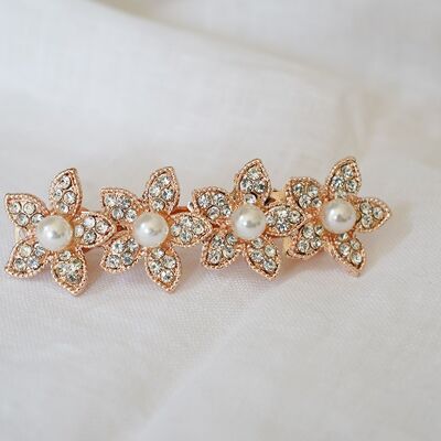 Edelweiss Barrette Rose Gold Flowers Pearly Pearls and Silver Strass
