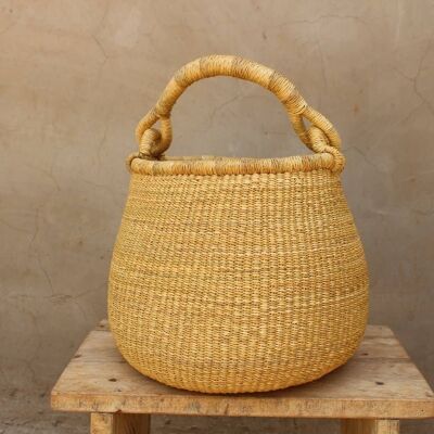 Pot Basket Black and Natural Dark Brown Leather Handles