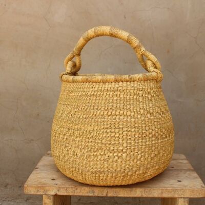Pot Basket Natural Colourful Dark Brown Leather Handles