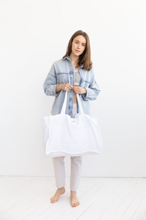 Linen Beach Bag with Pocket in White
