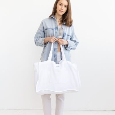 Linen Beach Bag with Pocket in White