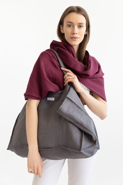 Linen Beach Bag with Pocket in Grey