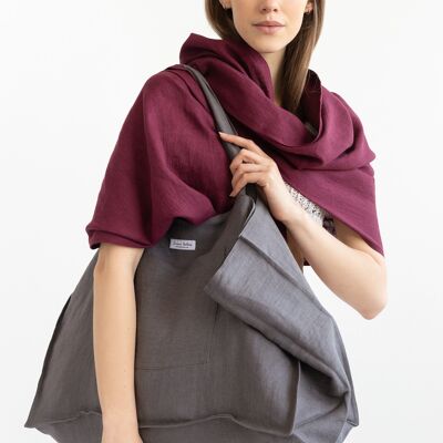 Linen Beach Bag with Pocket in Grey