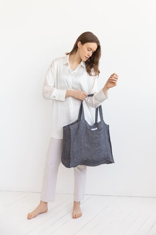 Double Cloth Grey and Natural Linen Beach Bag with pocket