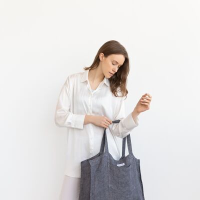 Double Cloth Grey and Natural Linen Beach Bag with pocket