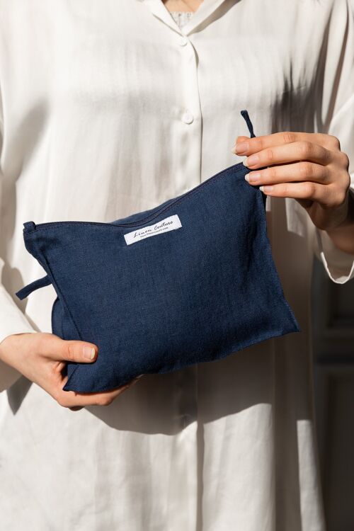 Large Linen Makeup Bag with Zipper in Night Blue