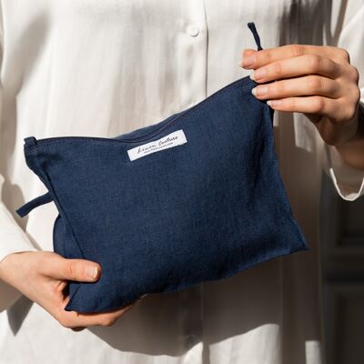 Large Linen Makeup Bag with Zipper in Night Blue