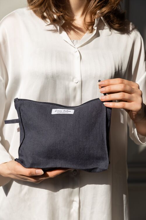 Large Linen Makeup Bag with Zipper in Asphalt Grey