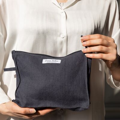 Large Linen Makeup Bag with Zipper in Asphalt Grey