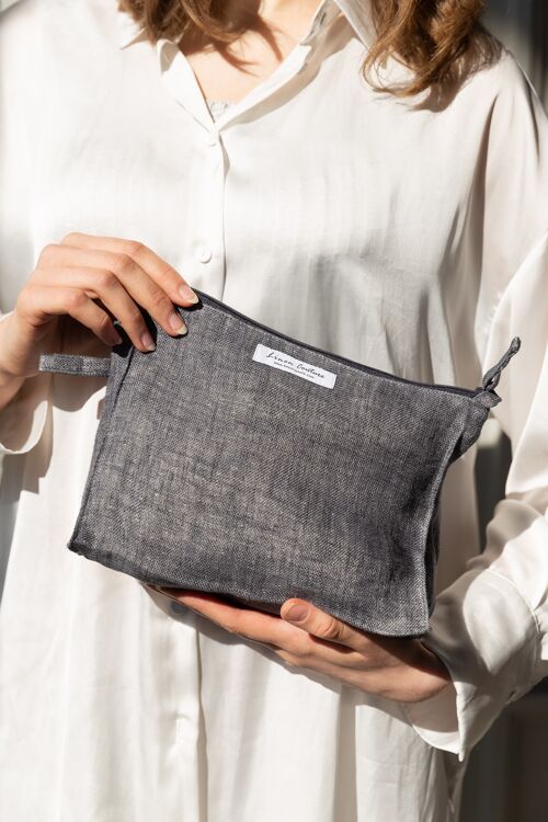 Double Cloth Large Linen Makeup Bag with Zipper in Grey and Natural