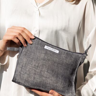 Double Cloth Large Linen Makeup Bag with Zipper in Grey and Natural
