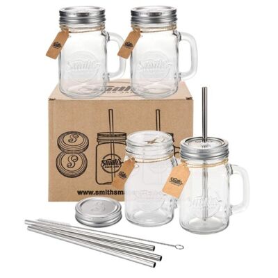Set of Four Jars with Lids and Straws Also with Extra Set of 4 Lids Without Holes and Straw Cleaning Brush