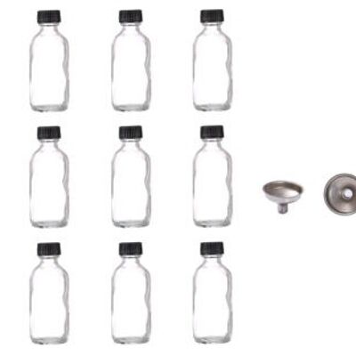 Set of 12 Mini Glass 2oz glass bottles with Pouring Funnel and labels- Clear Dispensing Boston Round Sample Bottles – No Leak – For Essential Oils – Ginger Shots – Whiskey – Wedding Decor