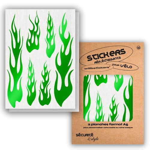 Planches de stickers réfléchissants format A5 Flamme Vert