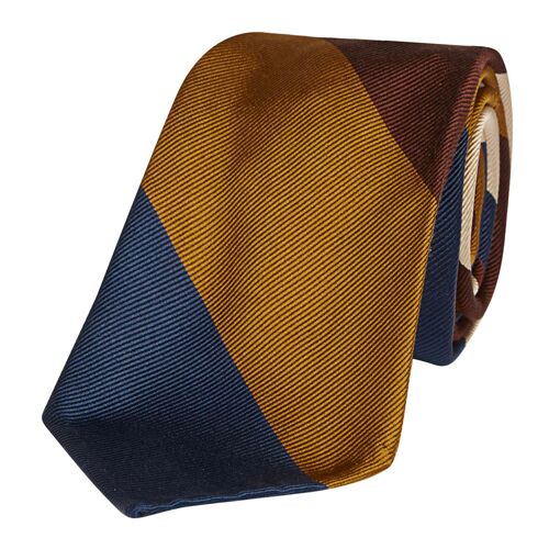Navy, brown and ivory regimental broad stripe silk tie