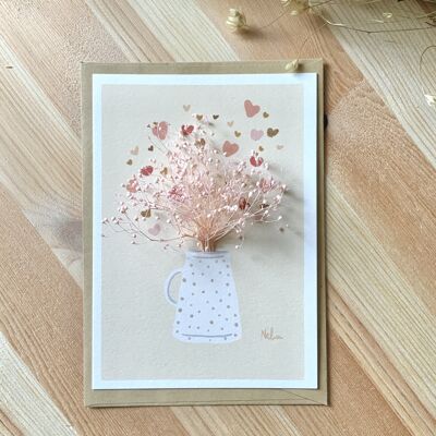 Illustrated dried flower card "Le pot-au-lait", pink flowers, floral card from the "still life" collection
