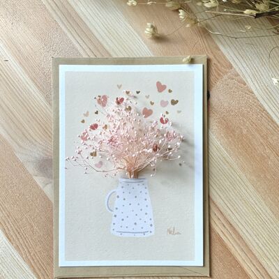 Illustrated dried flower card "Le pot-au-lait", pink flowers, floral card from the "still life" collection