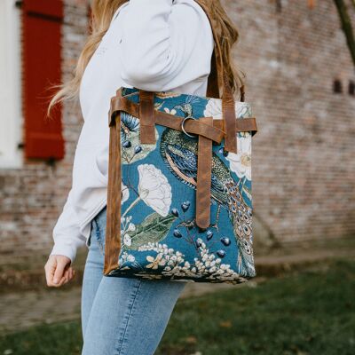 Leather work bag with Peacock print