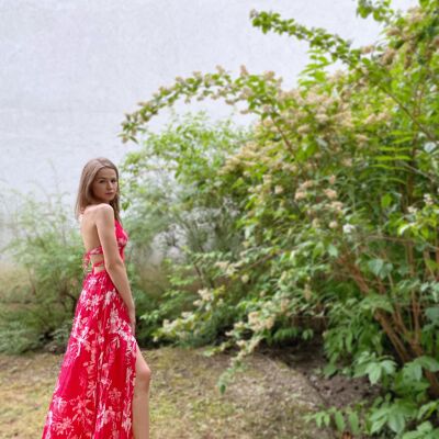 Floral red maxi Dress with open back - M/L