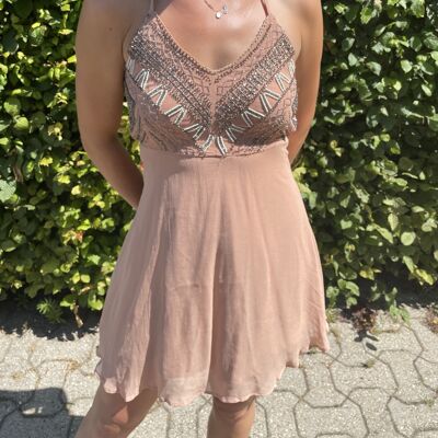 Nude mini dress with beading elements - S