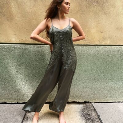 Olive green Jumpsuit with embroidery - S