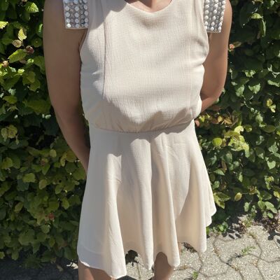 Nude mini Dress with strass embellished sleeves - M