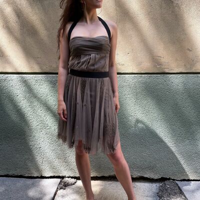 Brown tulle Dress with black waistband and straps