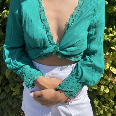 Green wrap Top with beaded embroidery - M