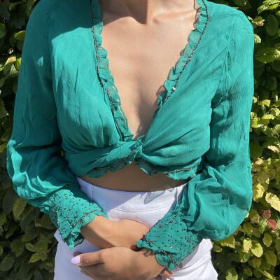 Green wrap Top with beaded embroidery - L