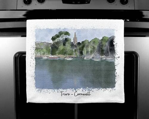 Luxury Handprinted Tea Towel, Malpas Truro Painting