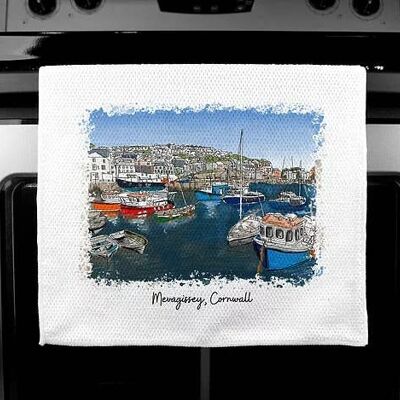 Paño de cocina estampado a mano de lujo, pintura Mevagissey, Cornualles