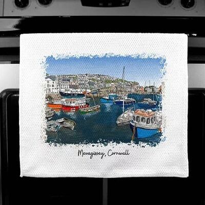Luxury Handprinted Tea Towel, Mevagissey Painting, Cornwall