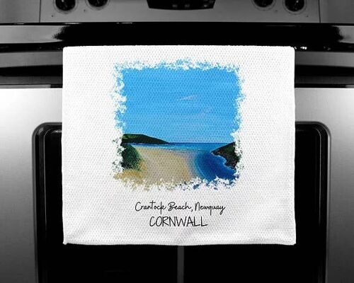 Luxury Handprinted Teatowel, Crantock Beach, Newquay