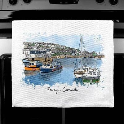 Luxury Handprinted Teatowel, Fowey (foweyscape), Cornwall