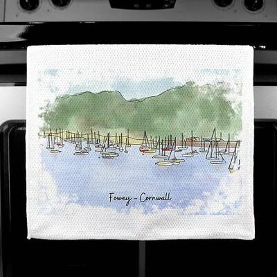 Luxury Handprinted Teatowel, Fowey (many Boats), Cornwall