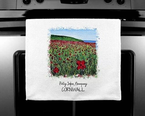 Luxury Handprinted Teatowel, Polly Joke Poppies, Newquay